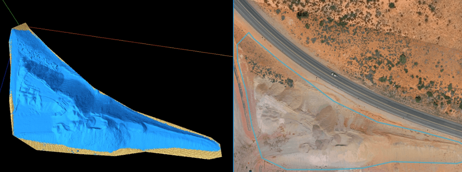 Side-by-side view of a 3D slope model and aerial image of a desert highway curve, showing terrain contours and marked analysis areas.