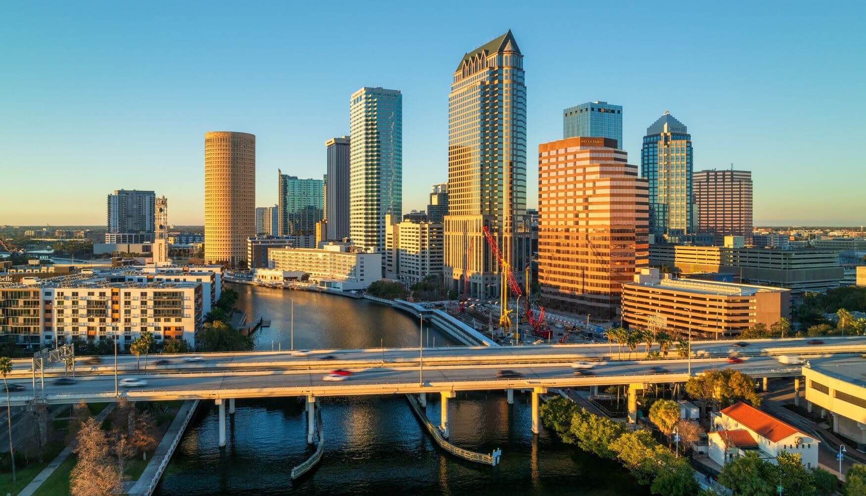 Tampa, Florida skyline with the sun reflecting on buildings